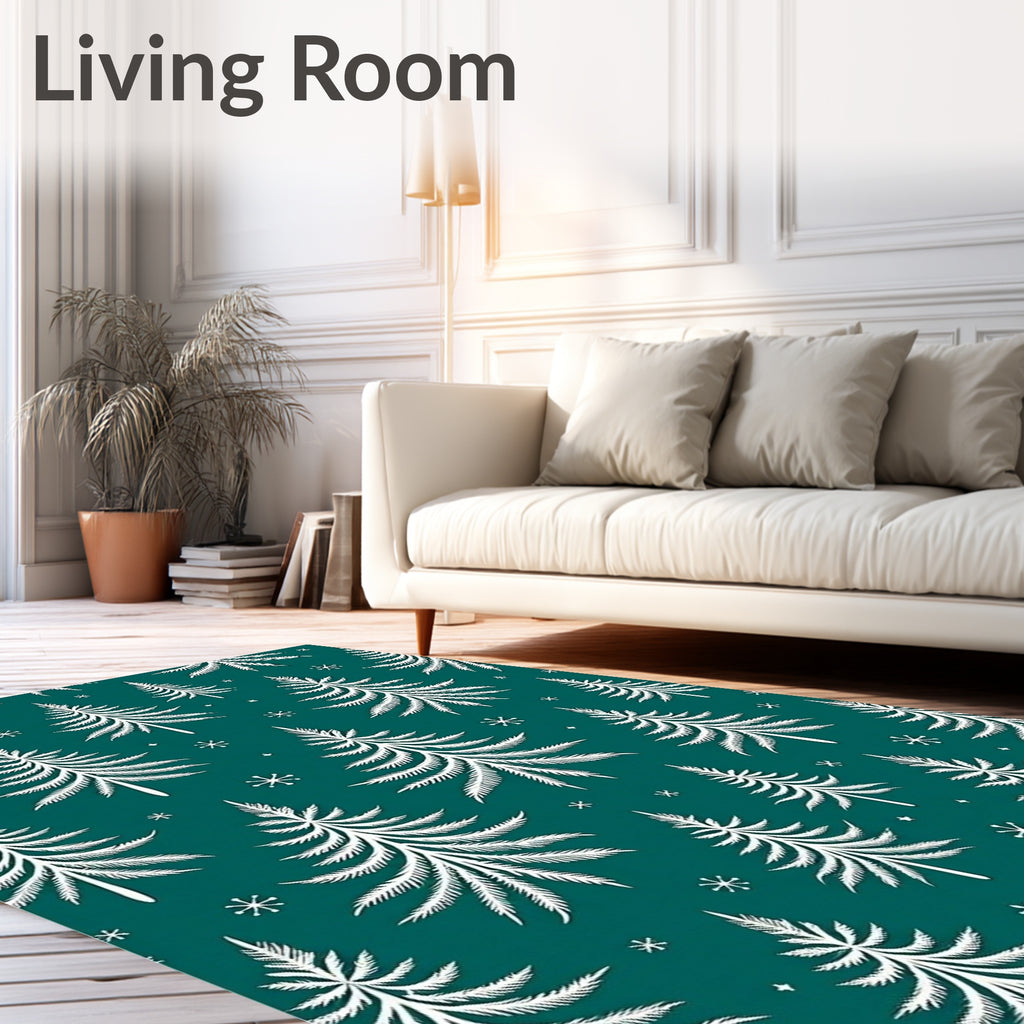 White Pine Trees Teal Snowflakes Rug
