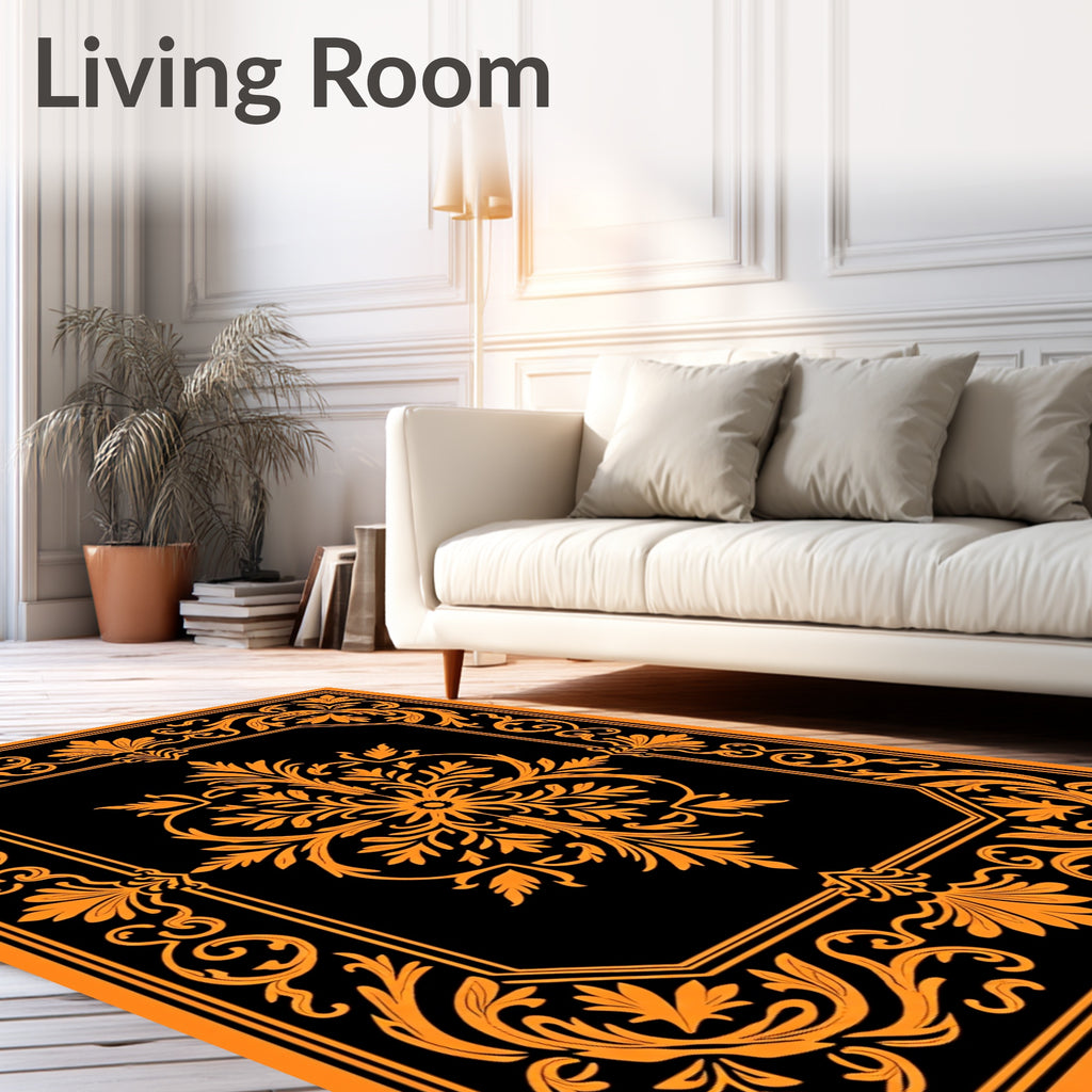 Bold Orange Floral Medallion Black Rug