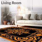 Bold Orange Floral Medallion Black Rug