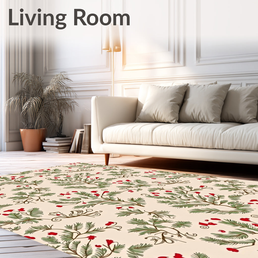 Rustic Red Berry Evergreen Branches Rug