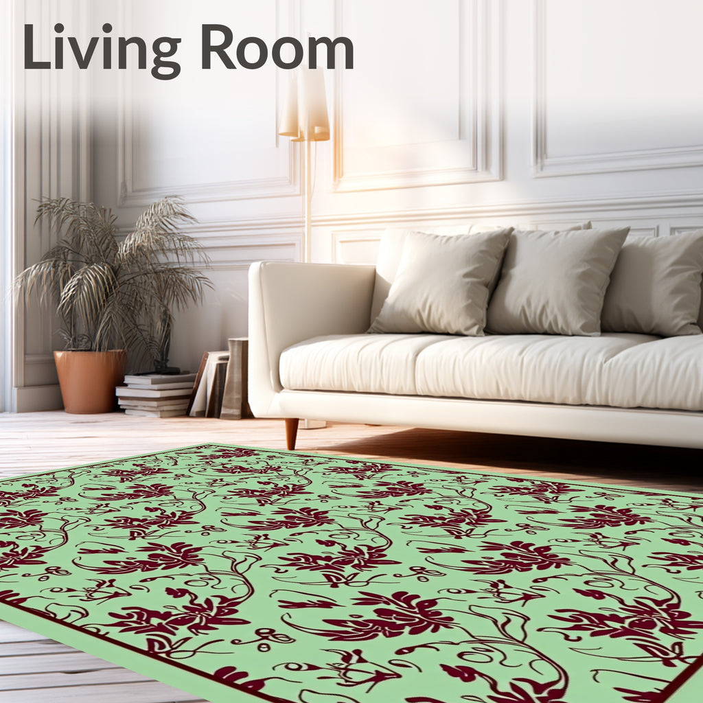Maroon Floral Vine Scroll Sage Rug