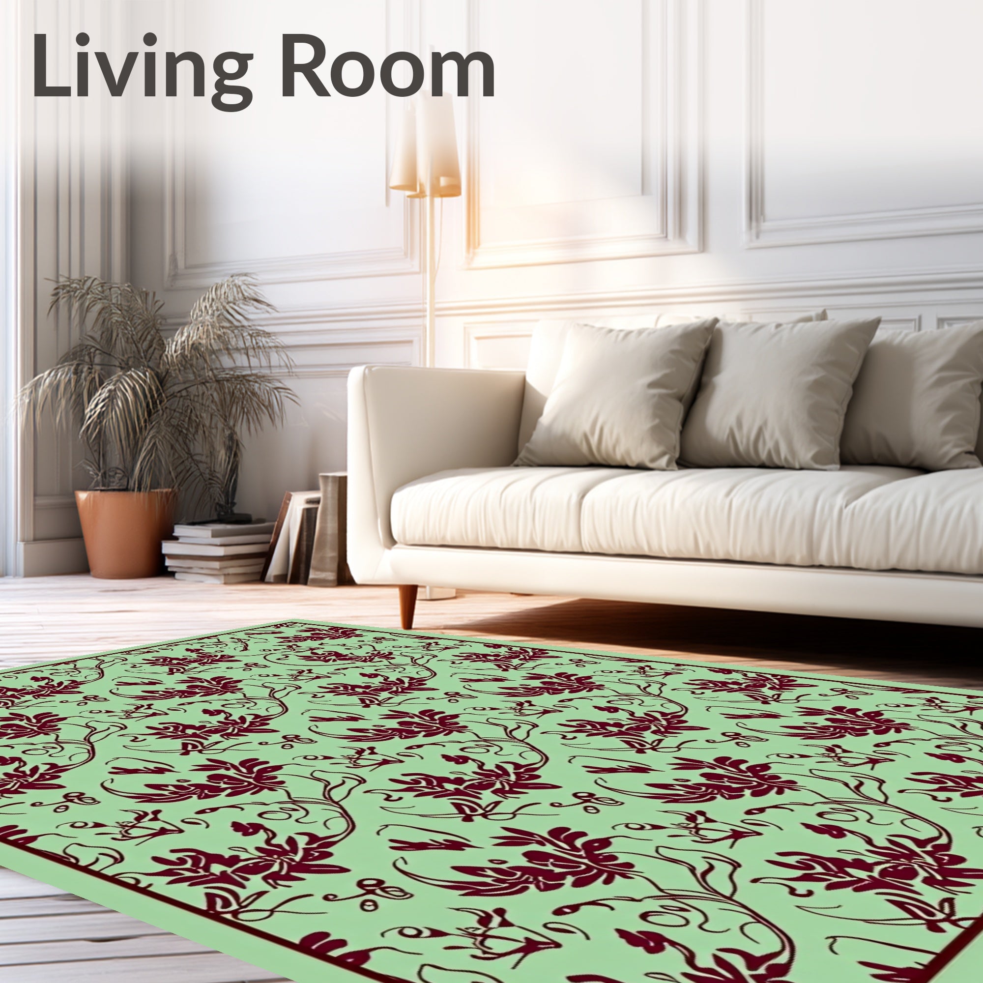 Maroon Floral Vine Scroll Sage Rug