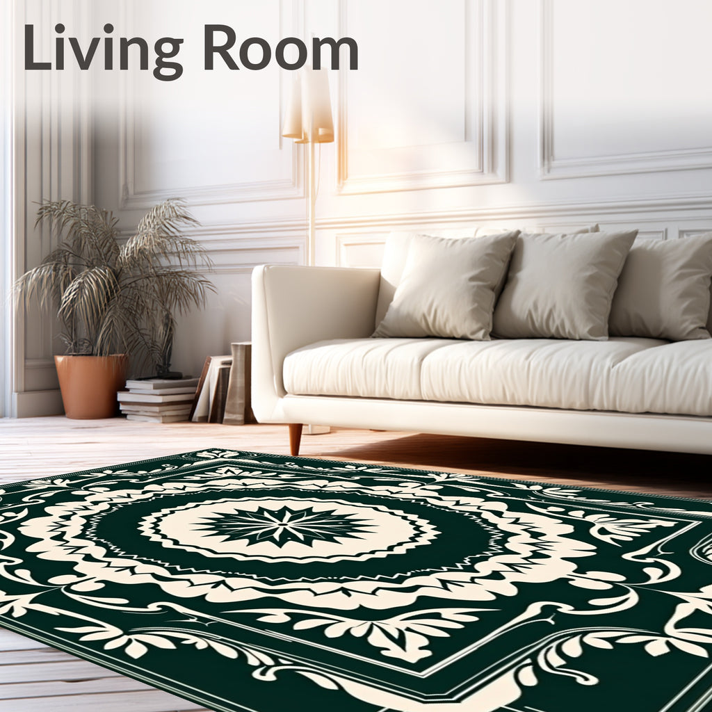 Forest Green Cream Floral Medallion Rug