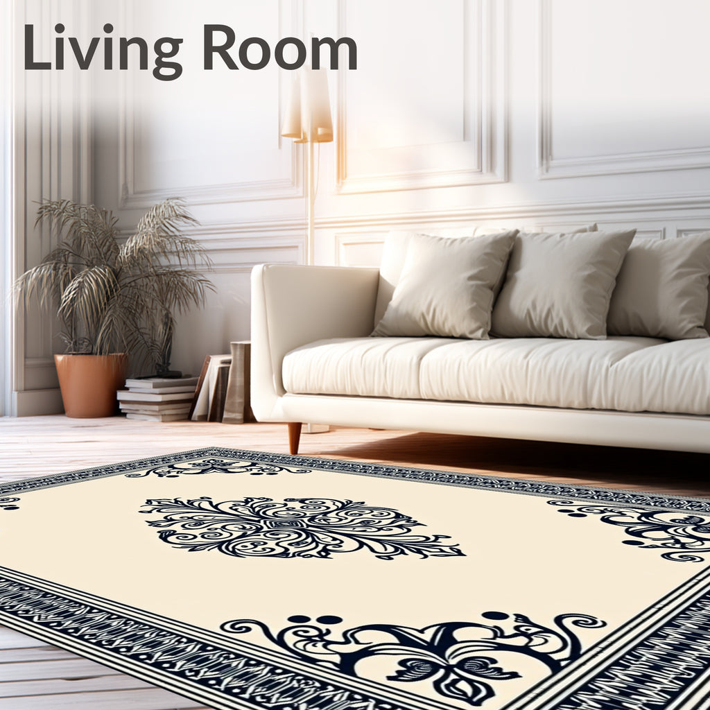 Ornate Cream Navy Floral Medallion Rug