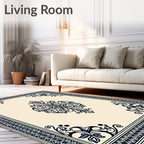 Ornate Cream Navy Floral Medallion Rug