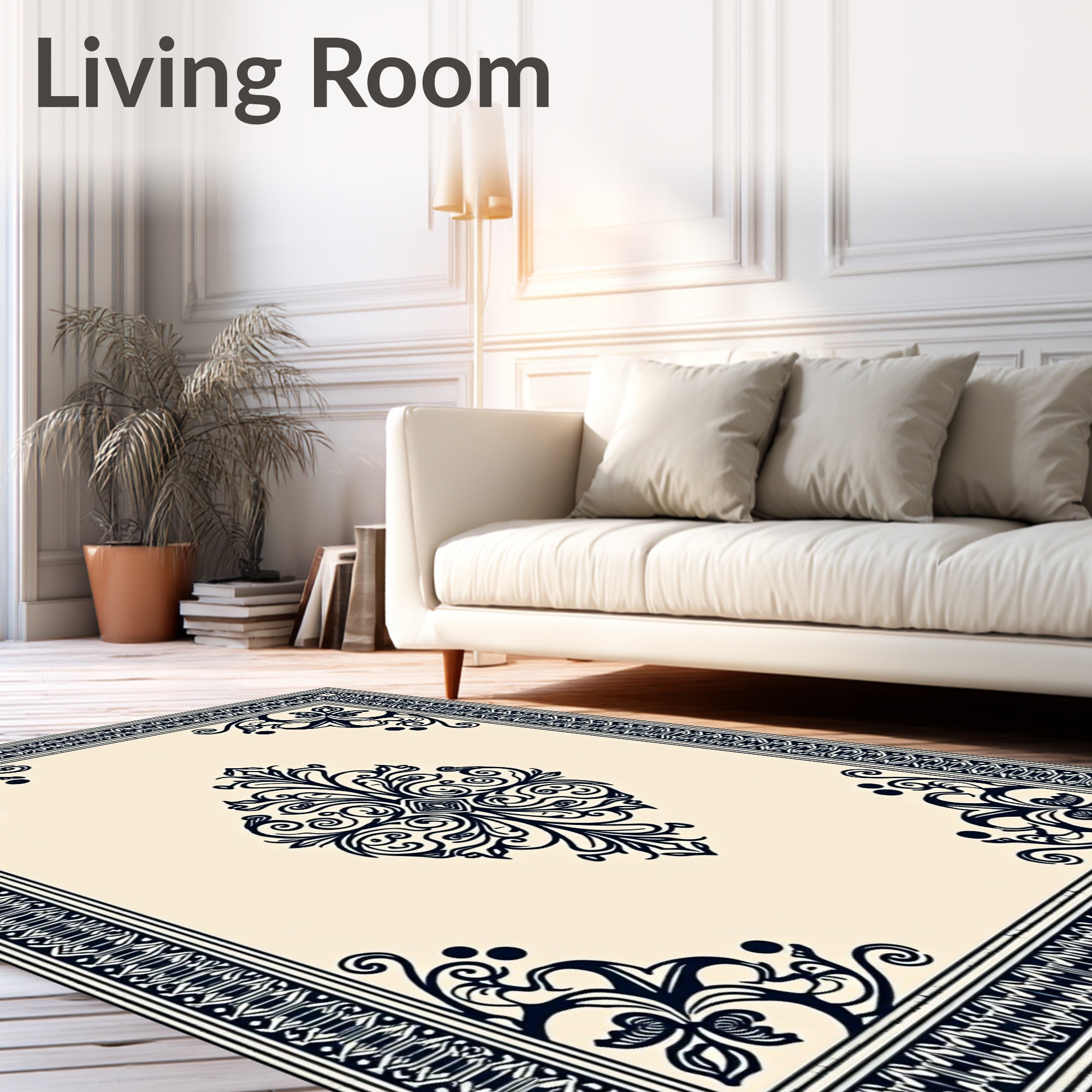 Ornate Cream Navy Floral Medallion Rug