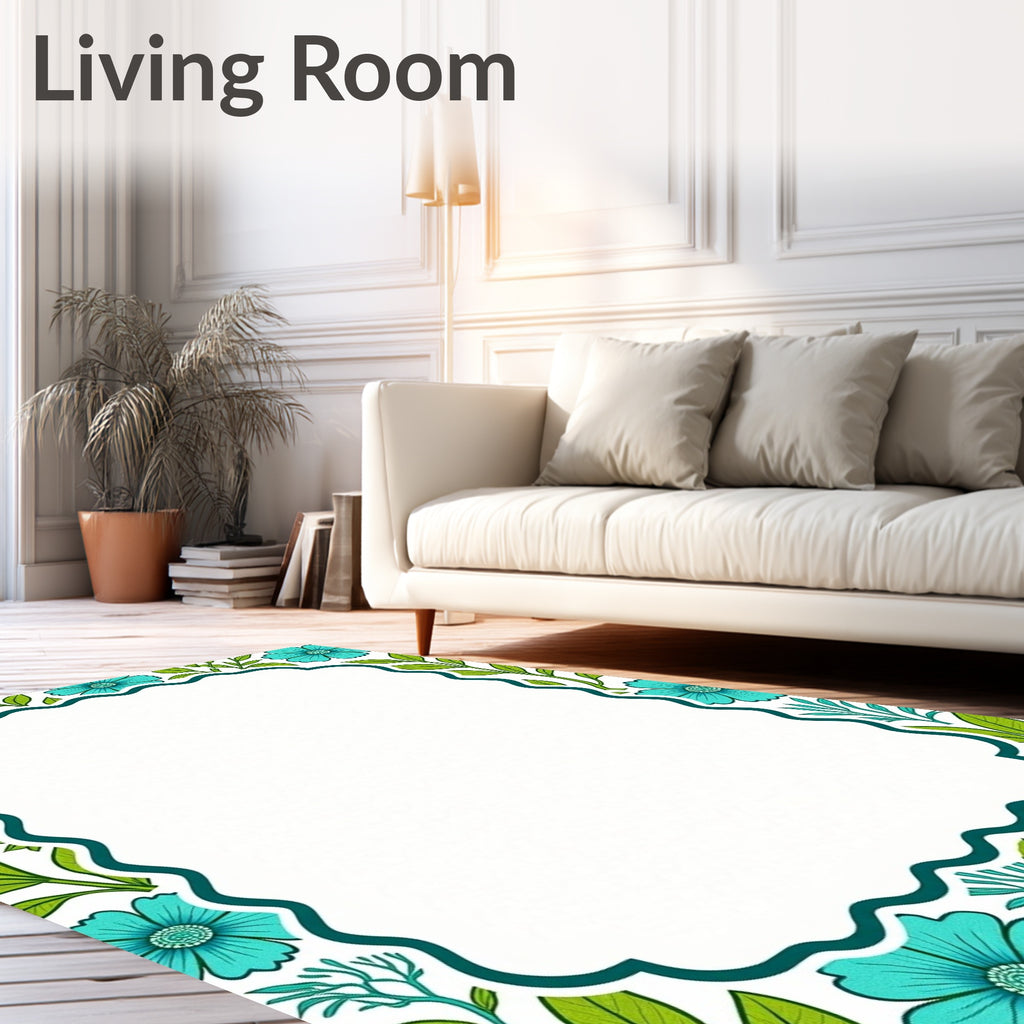 Turquoise Floral Branch Border Rug