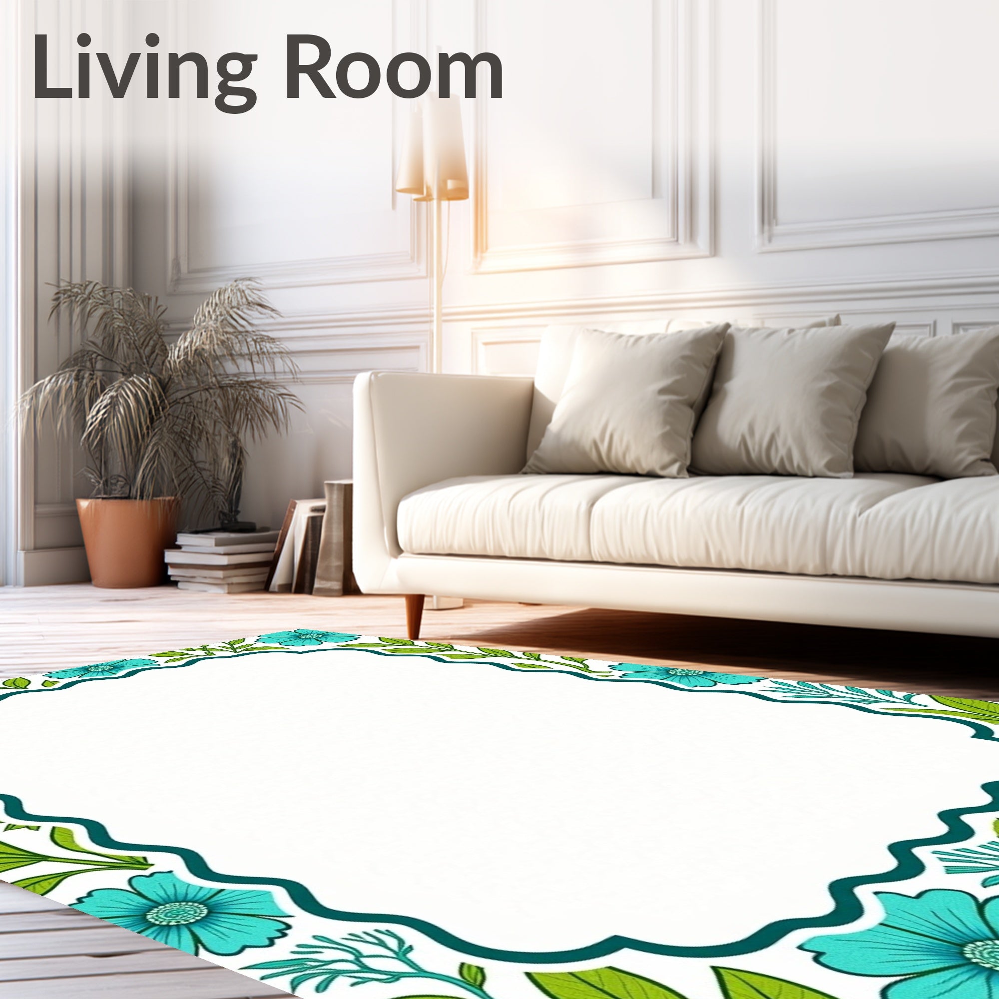 Turquoise Floral Branch Border Rug