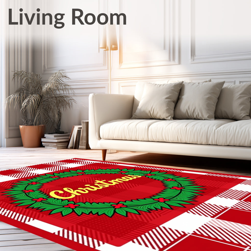 Red Gingham Christmas Wreath Rug