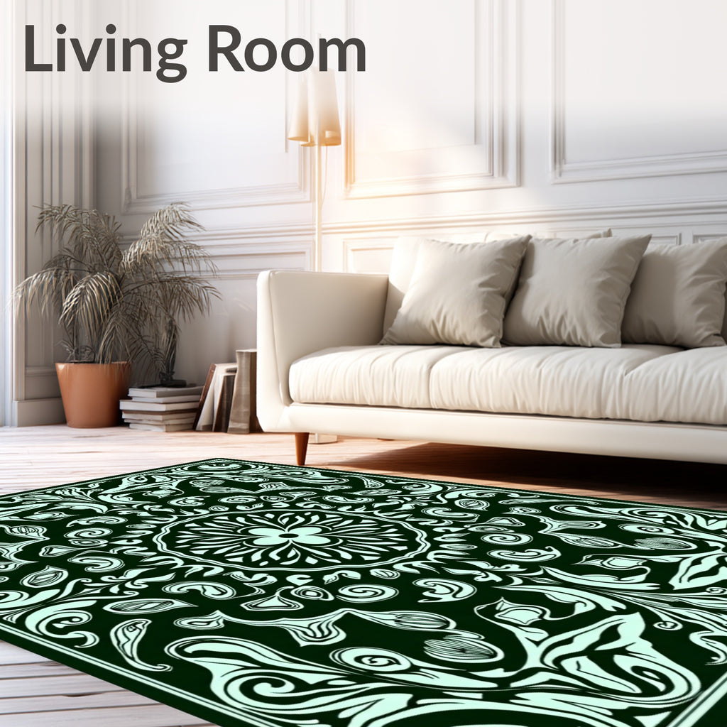 Emerald Green Floral Swirl Art Nouveau Rug