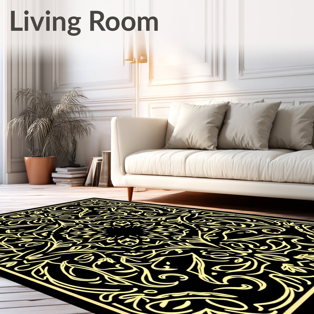 Black and Gold Stylized Mandala Rug