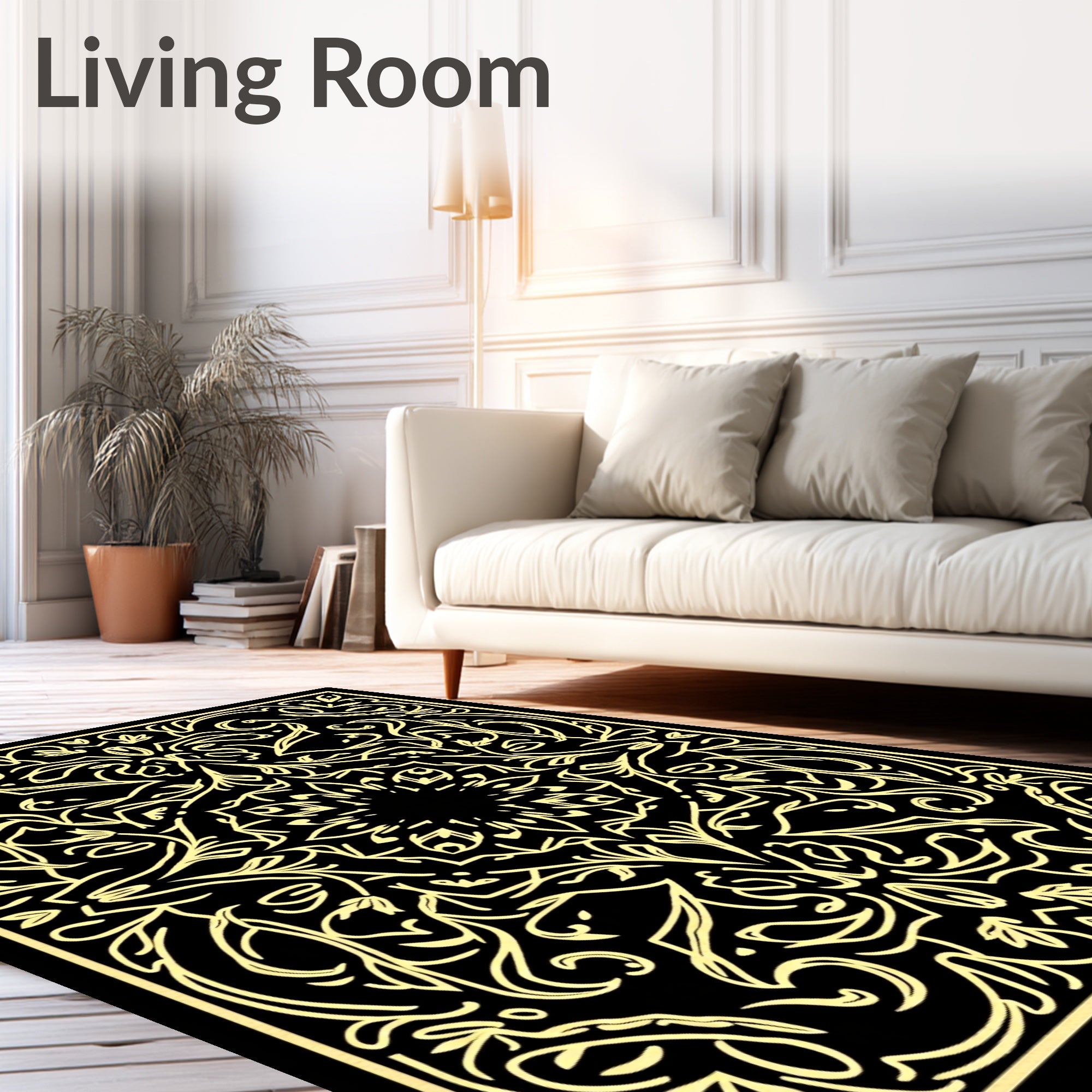 Black and Gold Stylized Mandala Rug