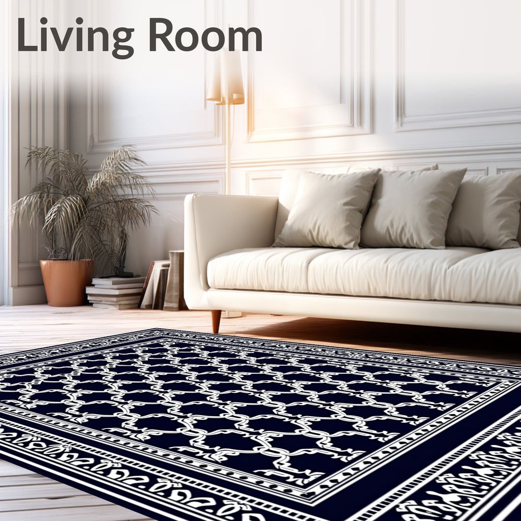Classic Navy White Interlocking Lattice Rug