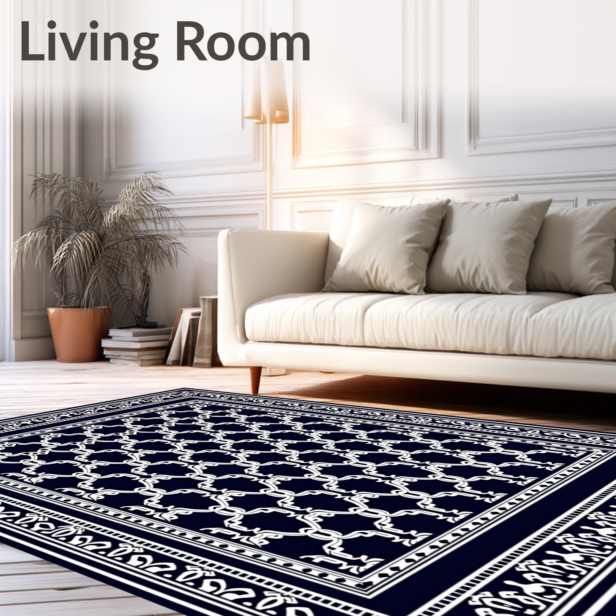Classic Navy White Interlocking Lattice Rug