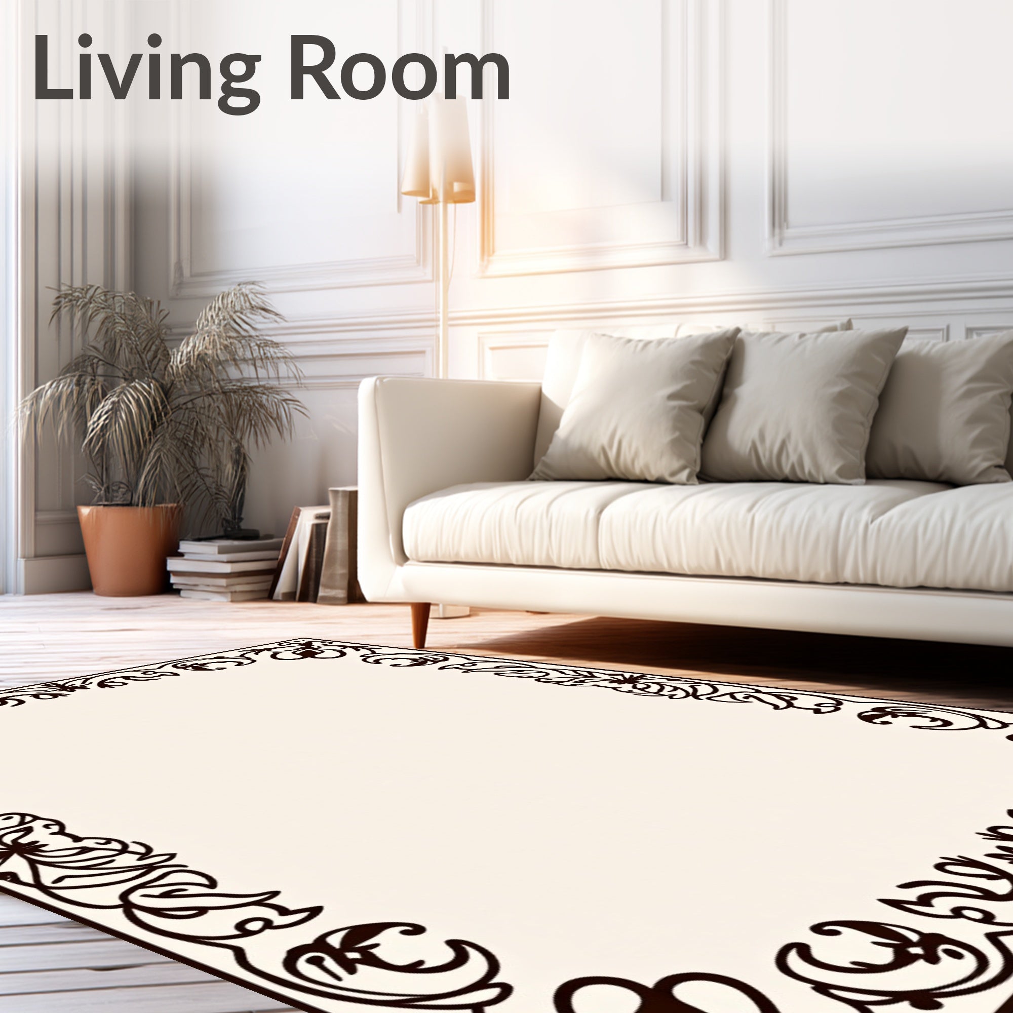 Dark Brown Floral Acanthus Vine Border Rug
