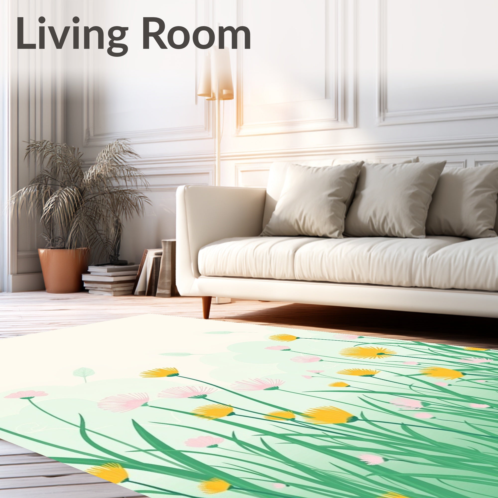 Whimsical Pink Yellow Meadow Blooms Rug