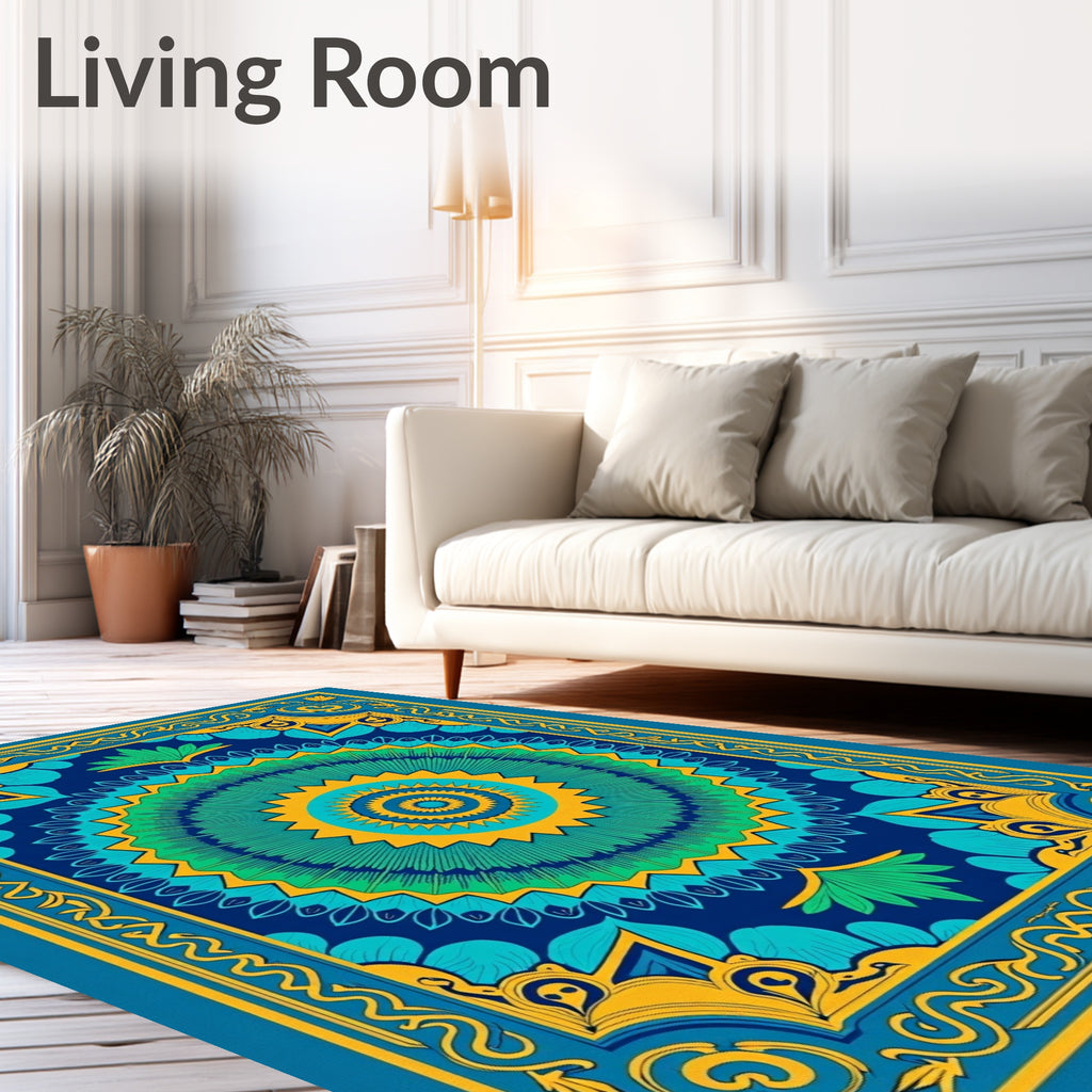 Vibrant Blue Green Sunburst Medallion Rug