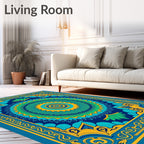 Vibrant Blue Green Sunburst Medallion Rug