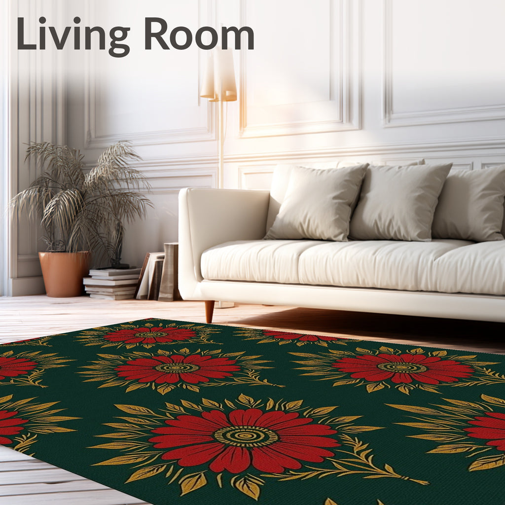 Red Floral Gold Leaf Wallpaper Rug