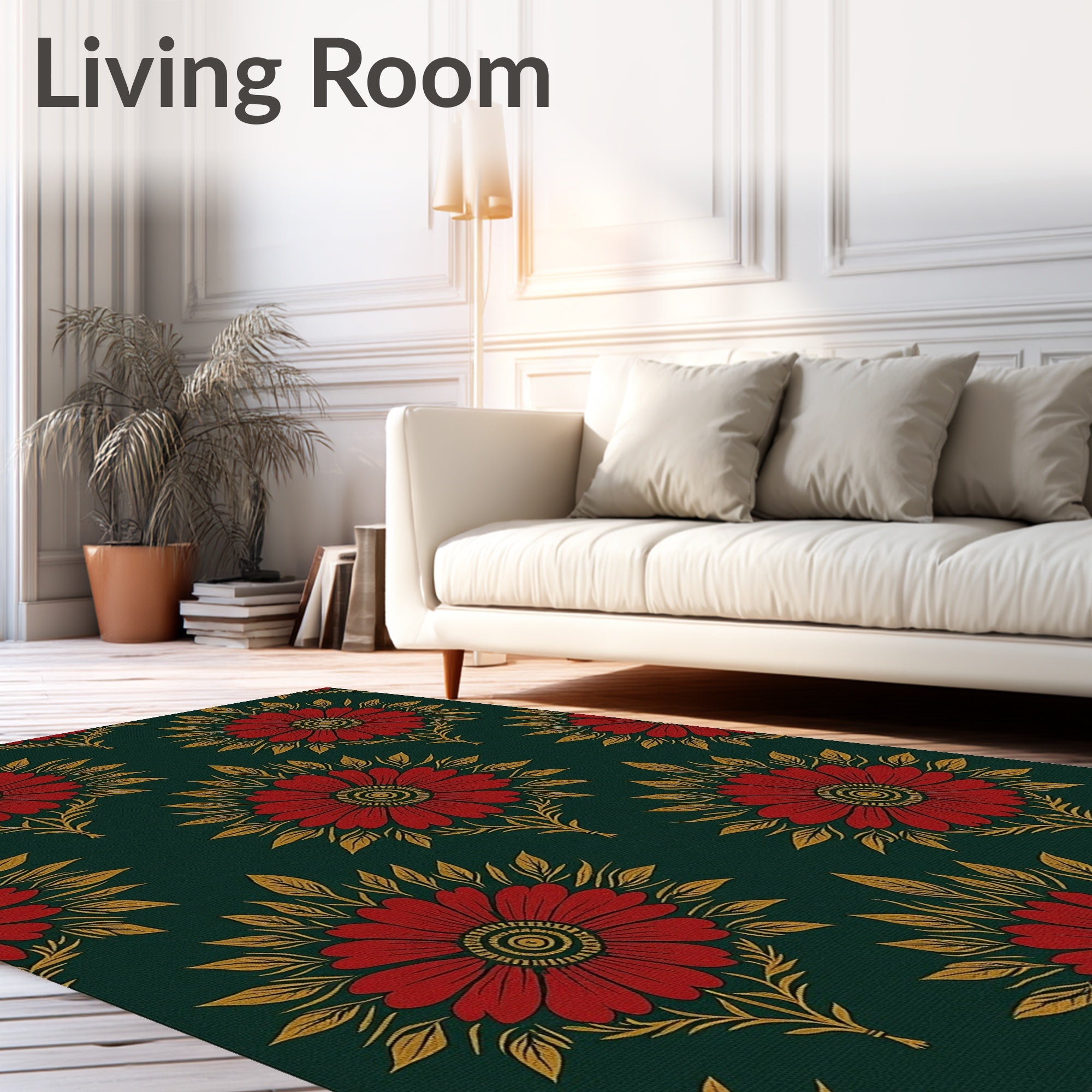 Red Floral Gold Leaf Wallpaper Rug