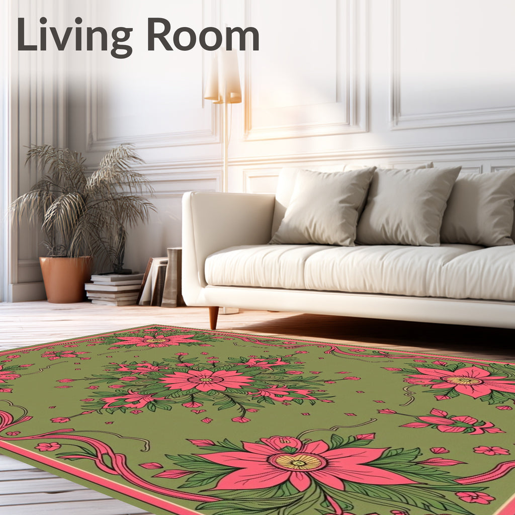Vibrant Floral Pink Green Garden Rug