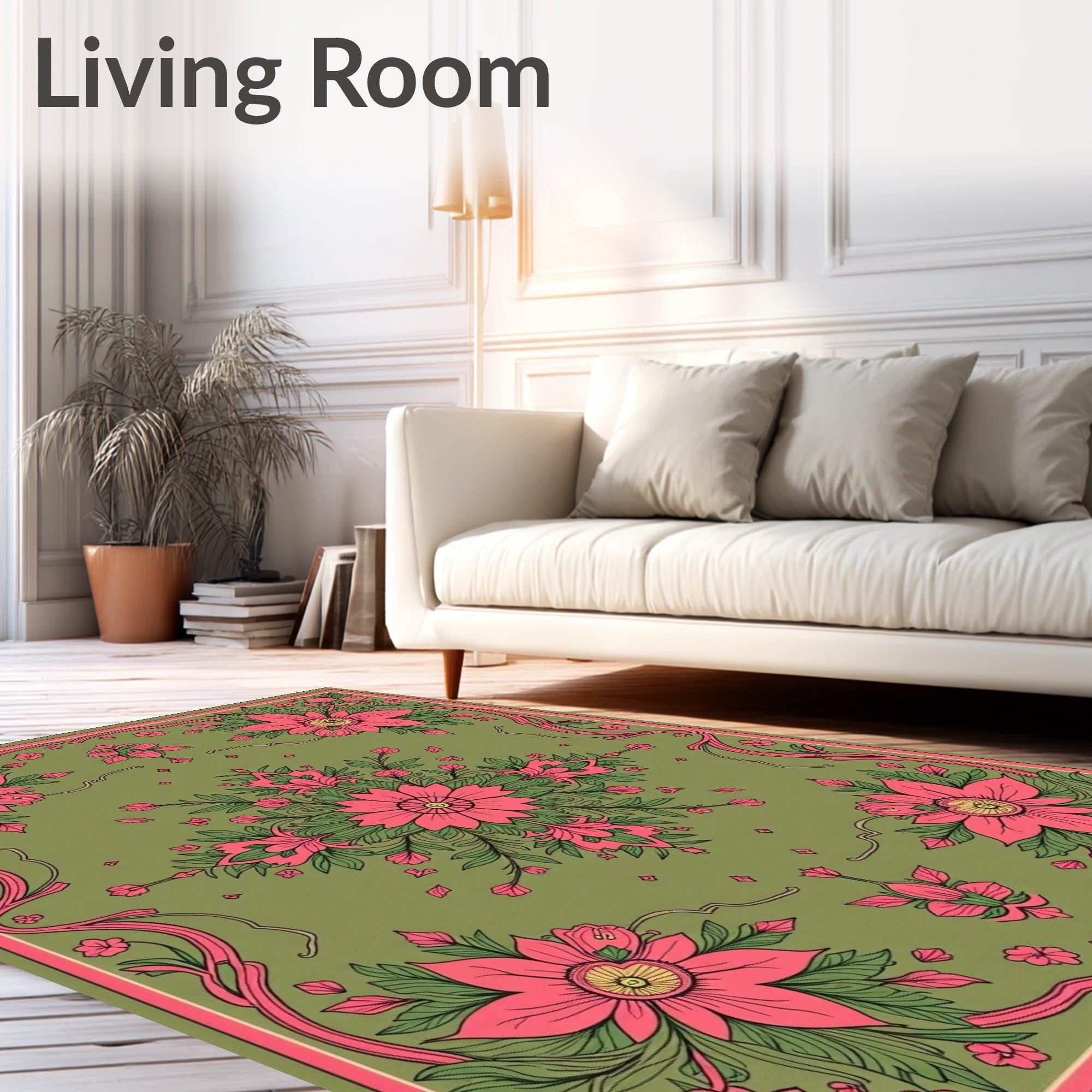 Vibrant Floral Pink Green Garden Rug