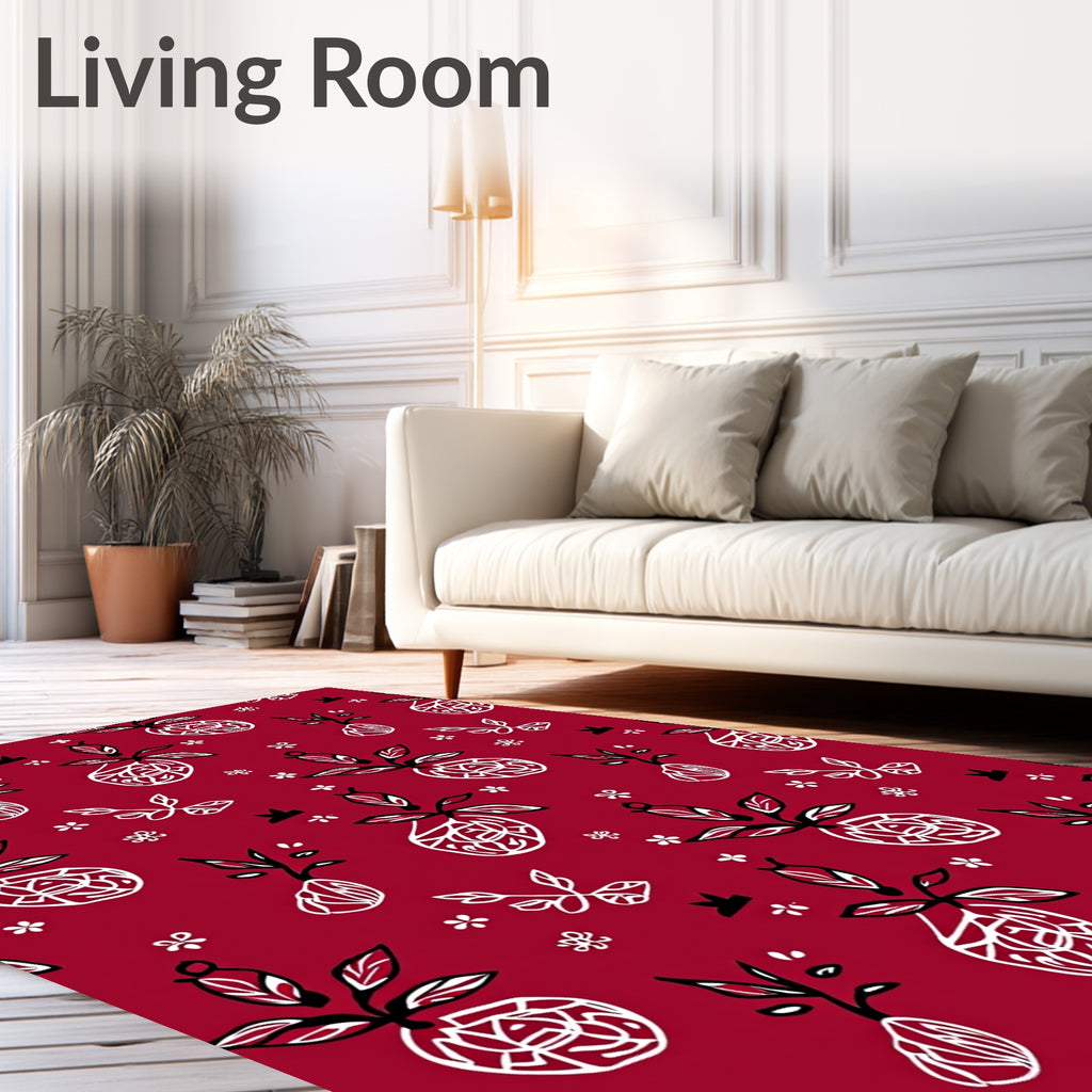 Crimson Red Hand Drawn Fruit Garden Rug
