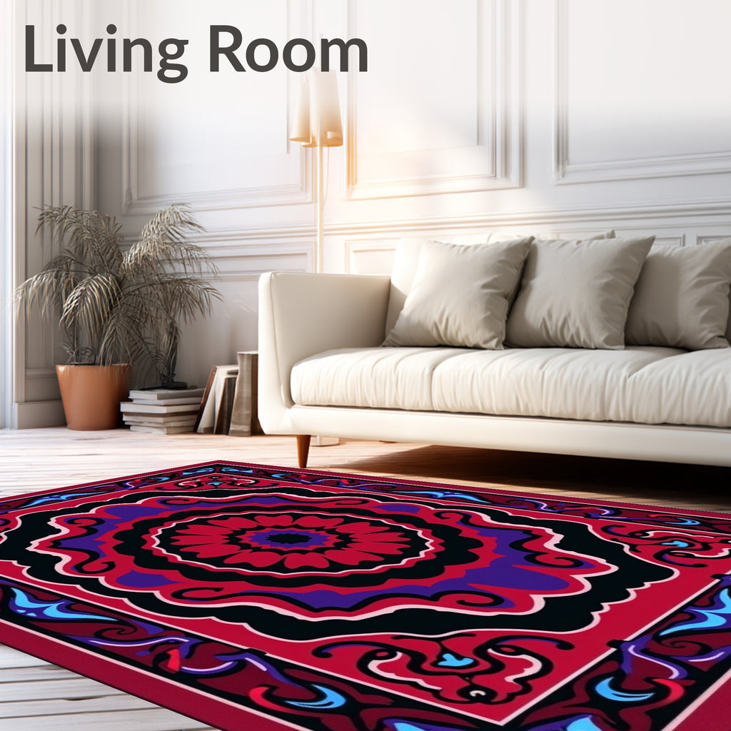 Vibrant Red Purple Black Medallion Rug