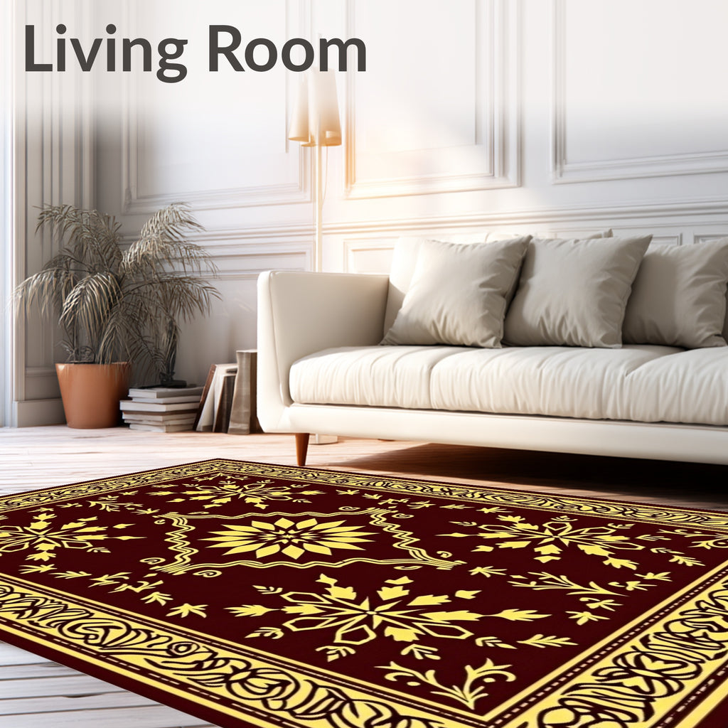 Crimson Yellow Floral Scrollwork Border Rug