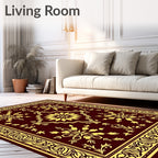 Crimson Yellow Floral Scrollwork Border Rug