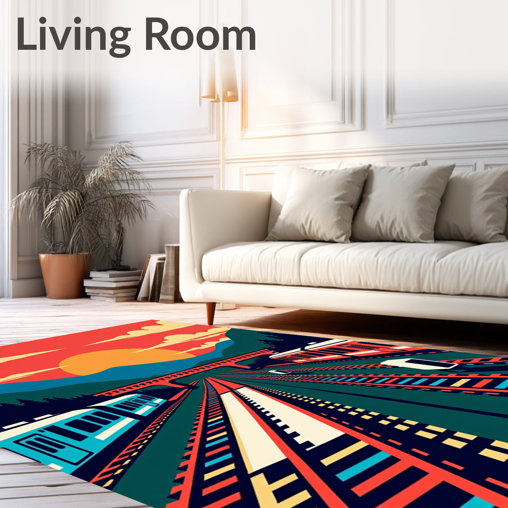 Retro Train Tracks Sunset Landscape Rug