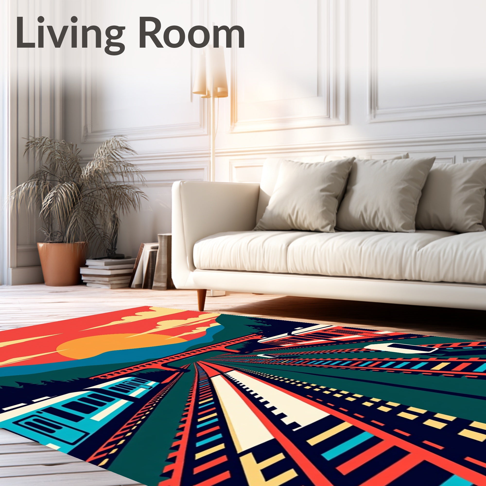 Retro Train Tracks Sunset Landscape Rug