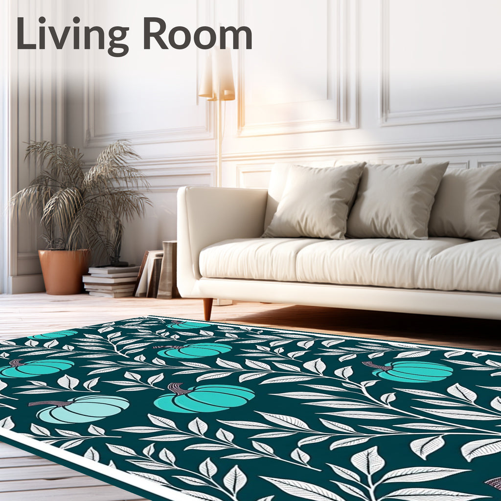 Teal Pumpkin White Foliage Overlay Rug