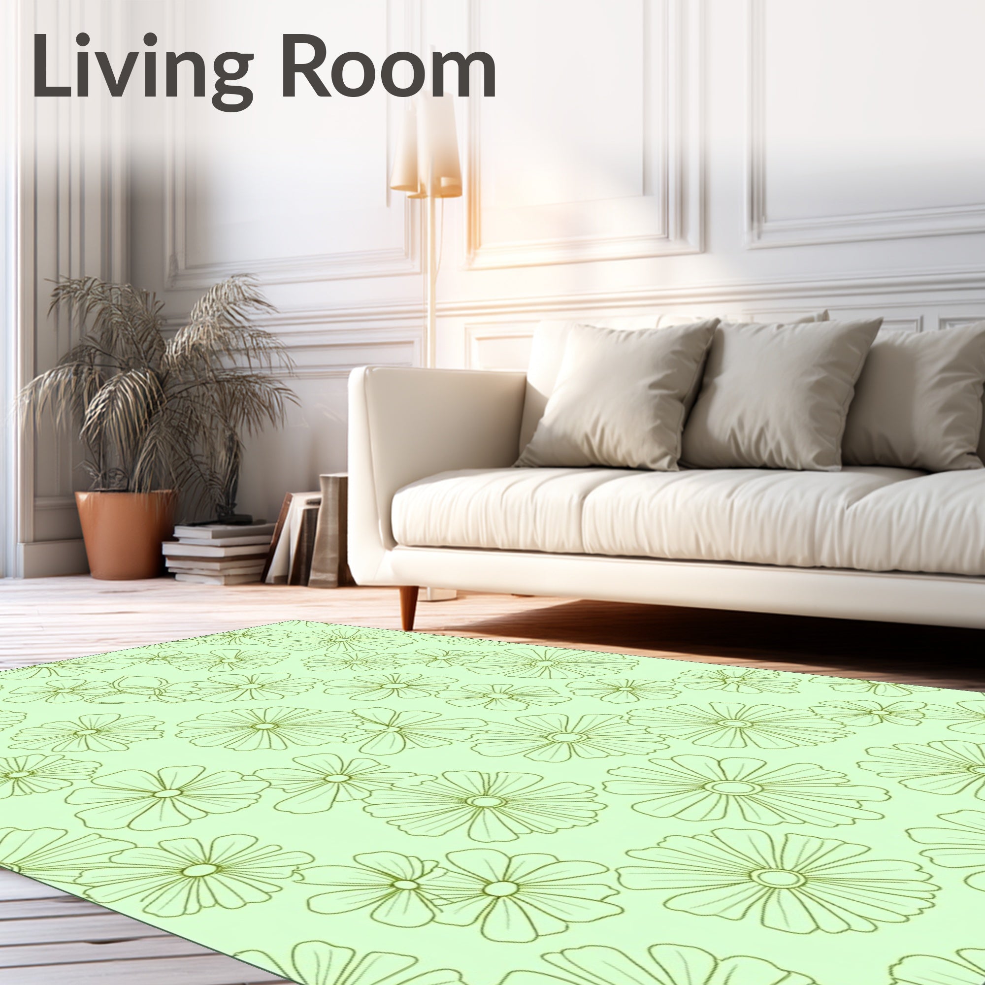 Pale Green Outline Daisy Field Rug