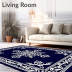 Navy White Floral Mandala Border Rug