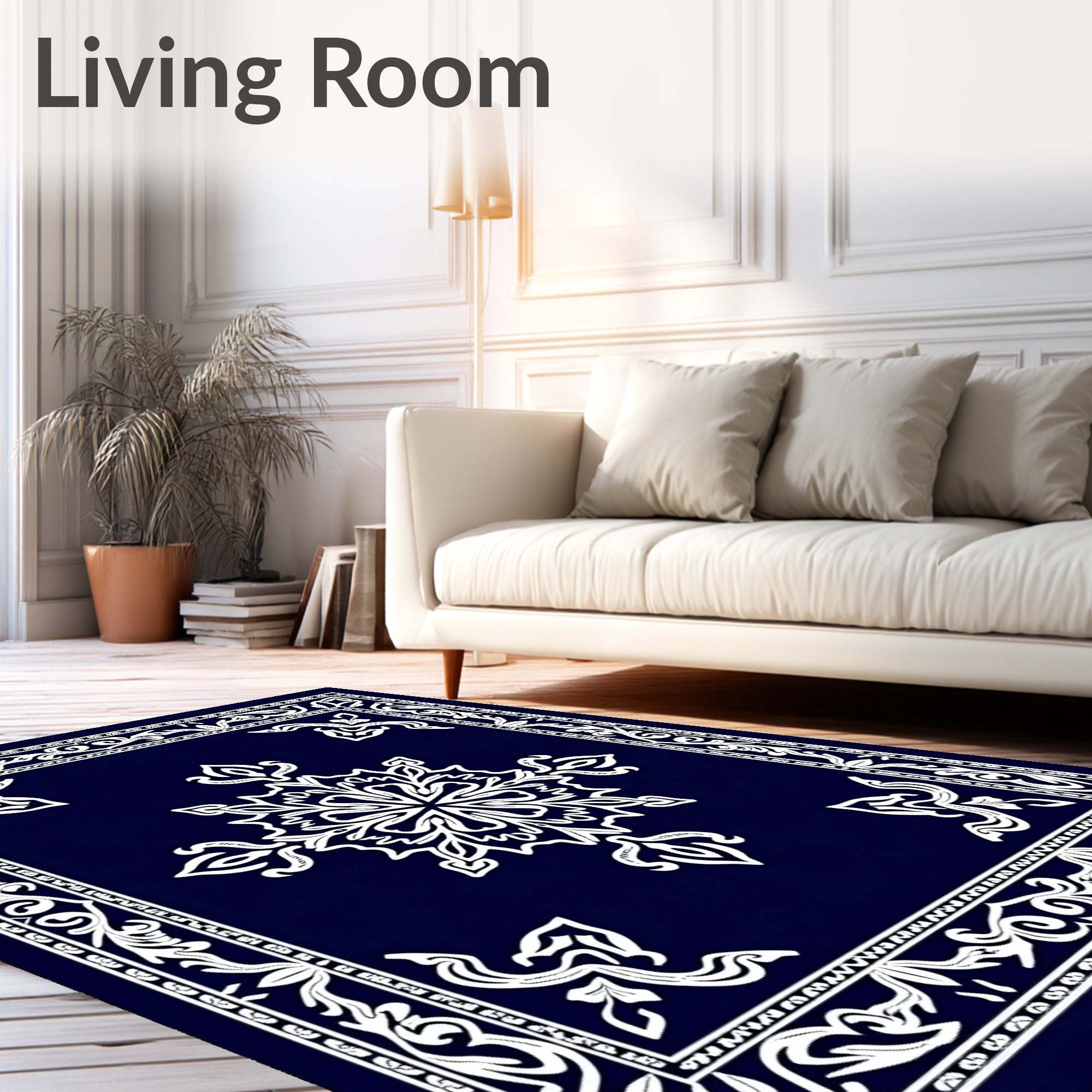 Navy White Floral Mandala Border Rug