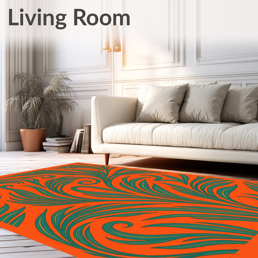 Vibrant Teal Swirl Tropical Foliage Rug