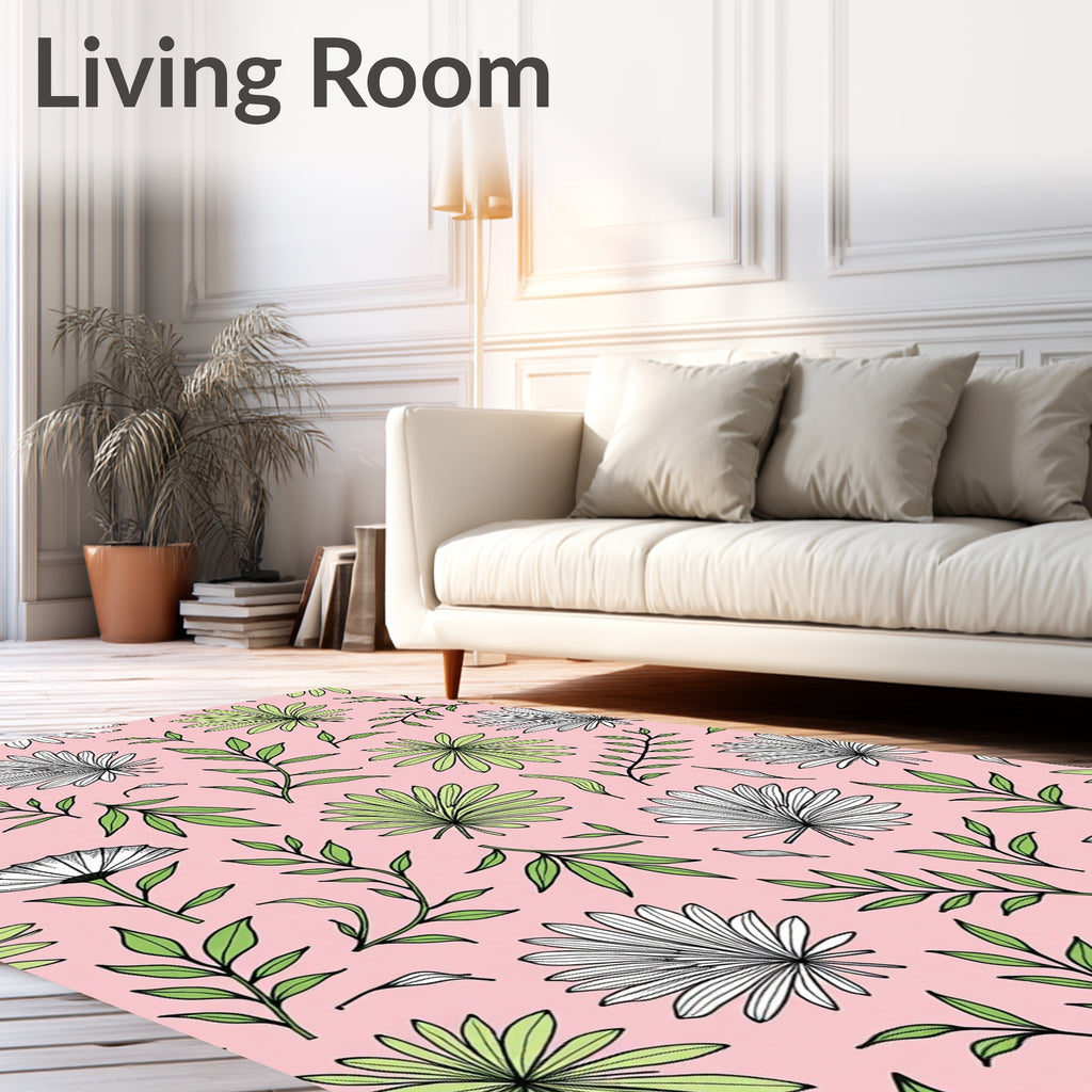 Pink Leafy Green Tropical Foliage Rug