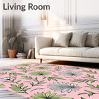 Pink Leafy Green Tropical Foliage Rug