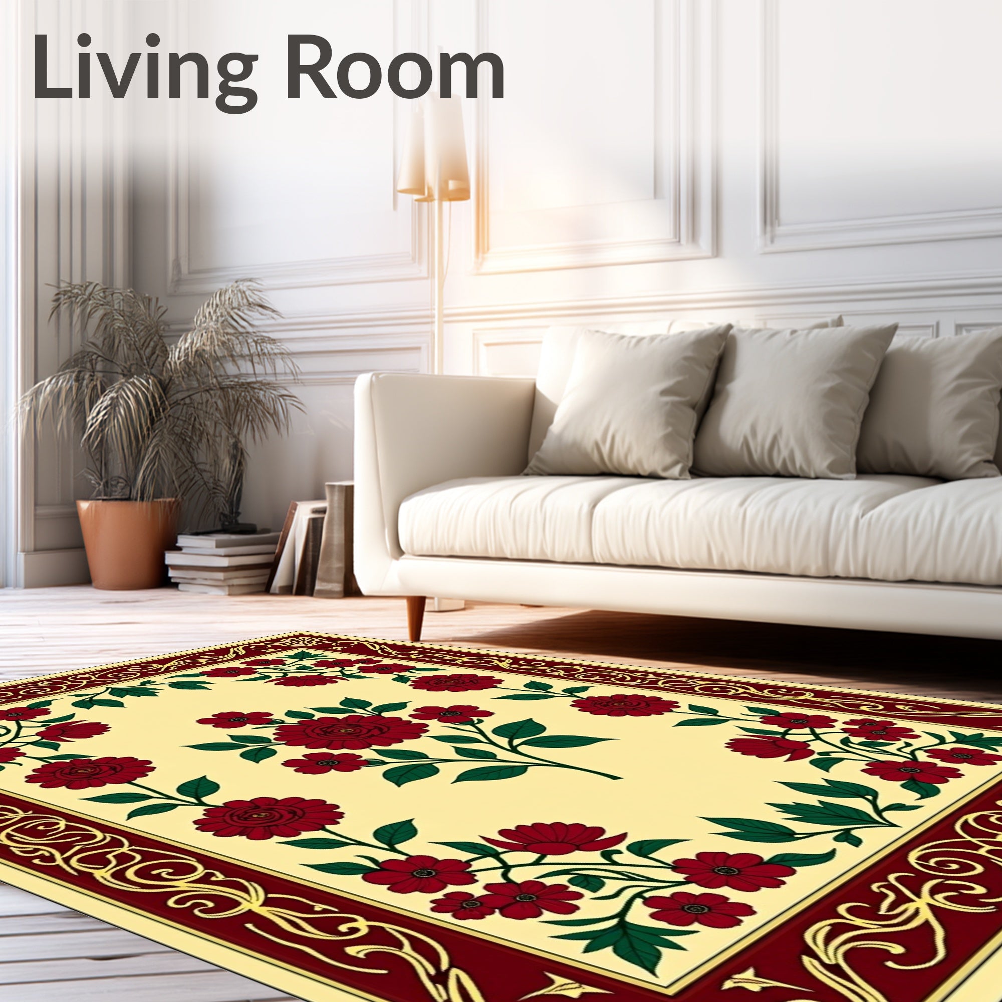 Rich Crimson Floral Border Cream Rug