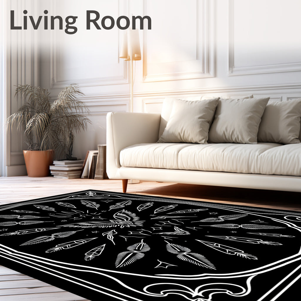 Black White Winged Eagle Feather Circle Rug
