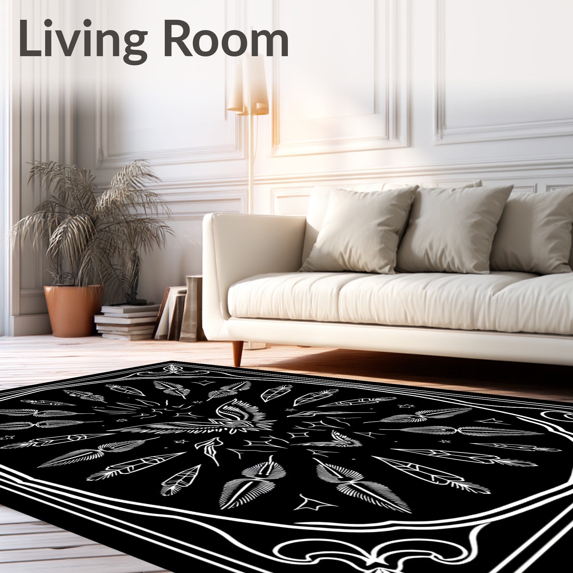 Black White Winged Eagle Feather Circle Rug
