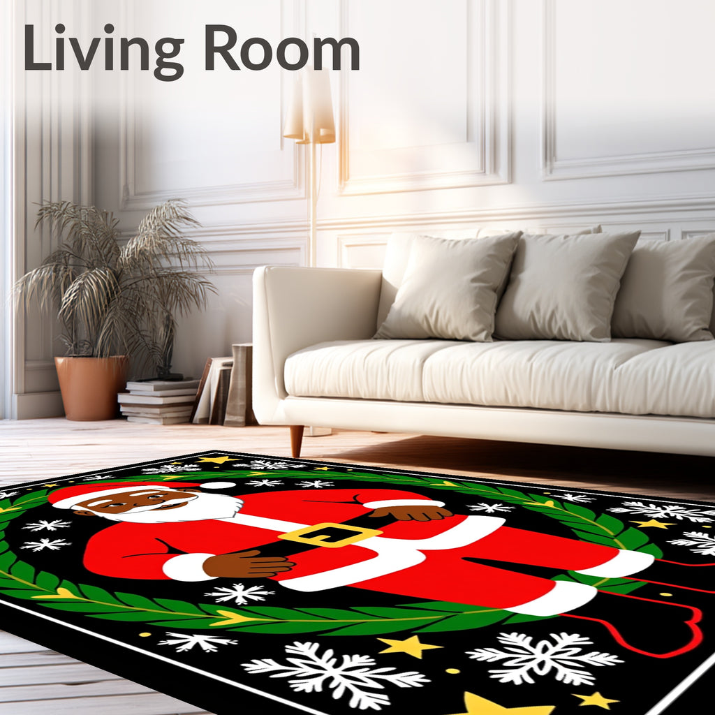 Christmas Santa Claus Black Festive Wreath Rug