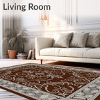 Ornate Brown and Beige Floral Scroll Rug