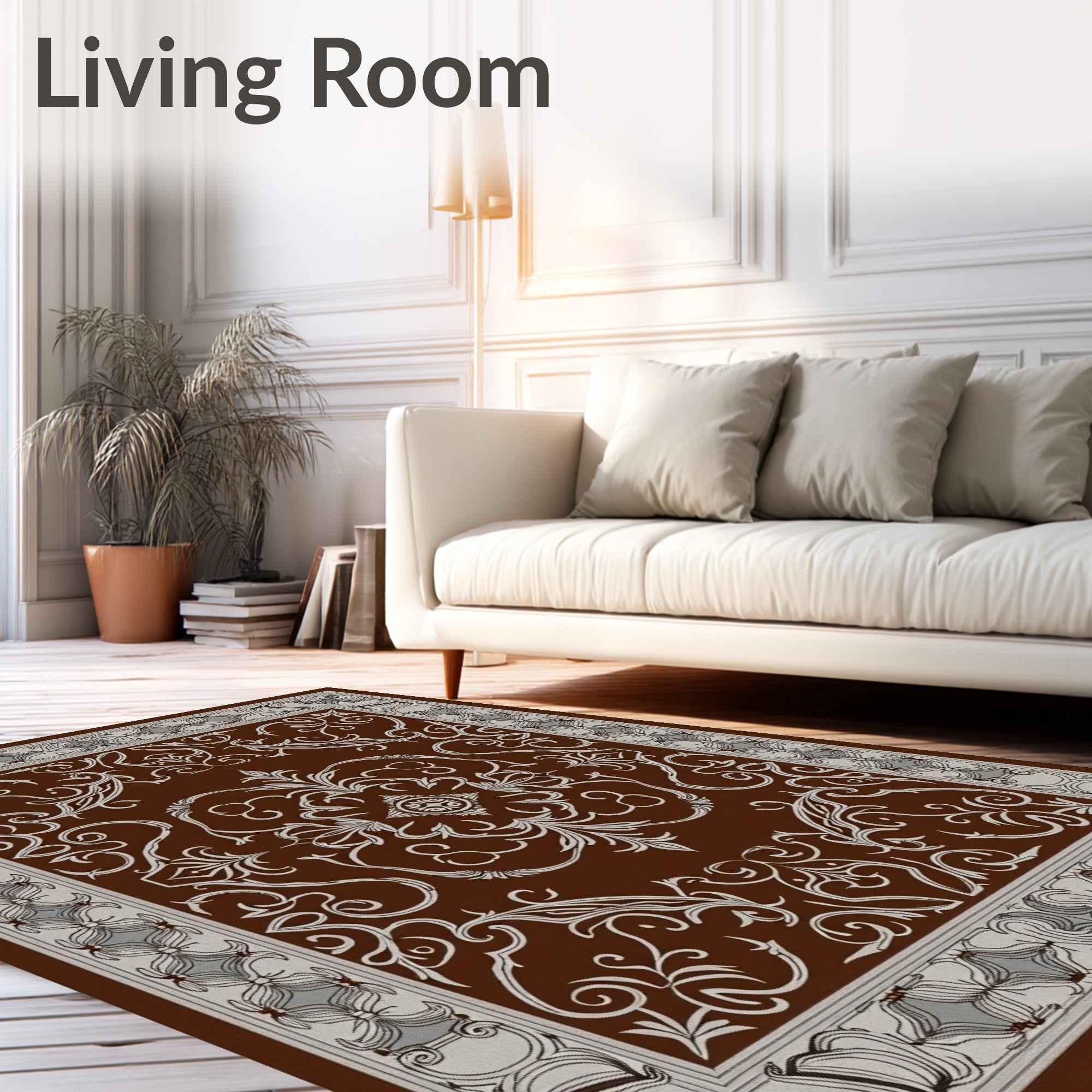 Ornate Brown and Beige Floral Scroll Rug