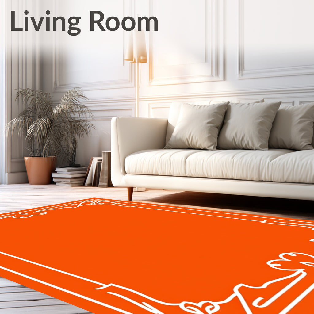 Vibrant Orange White Scroll Border Rug