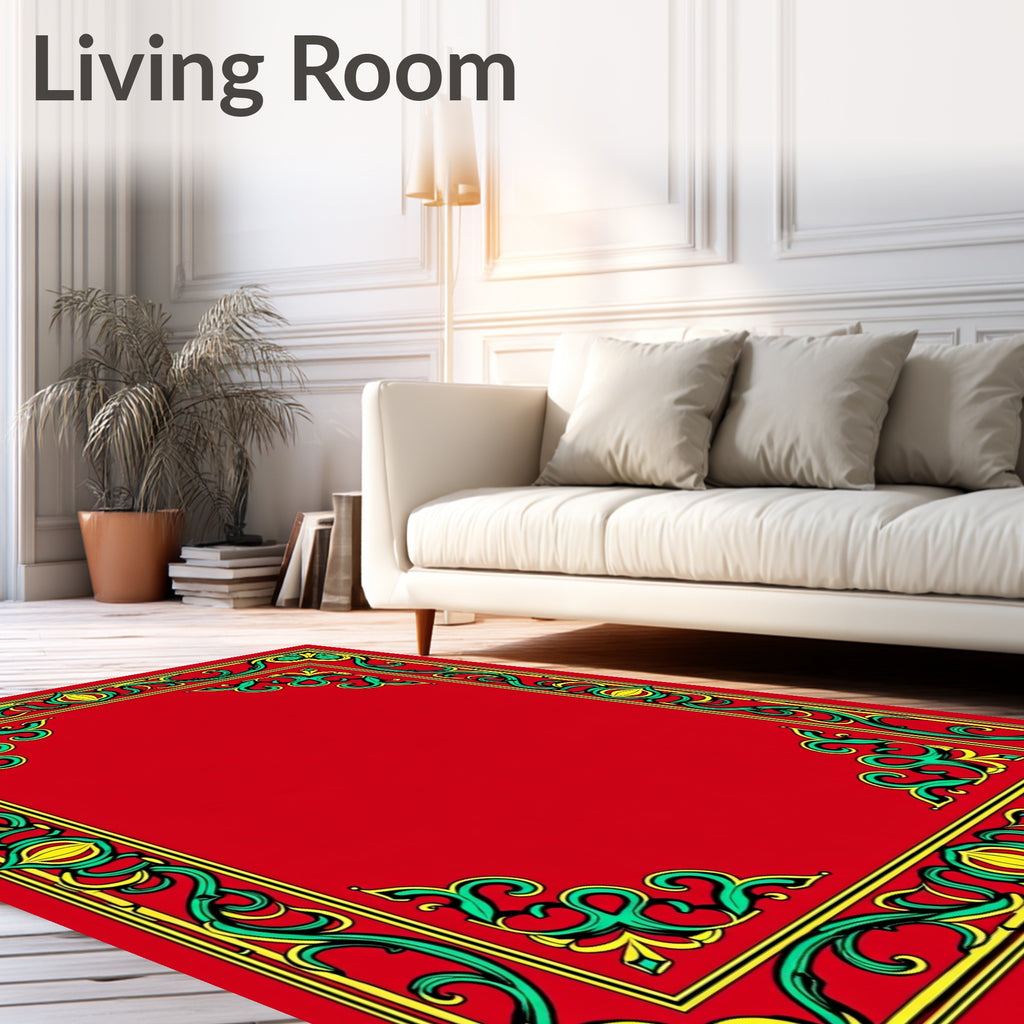 Bold Red Emerald Swirl Frame Rug