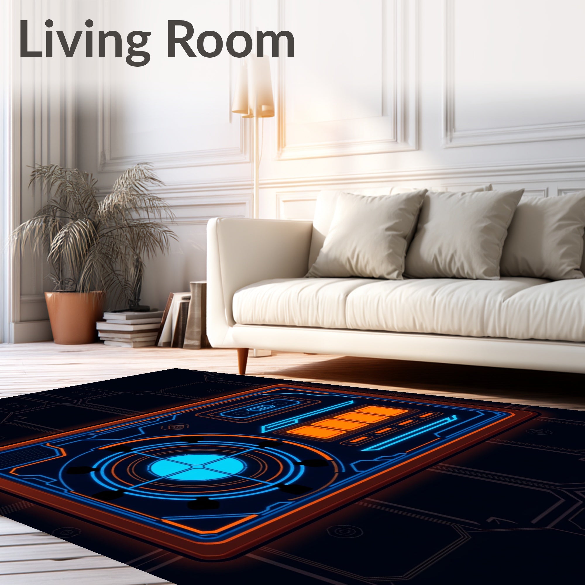 Futuristic Orange Blue Tech Display Rug