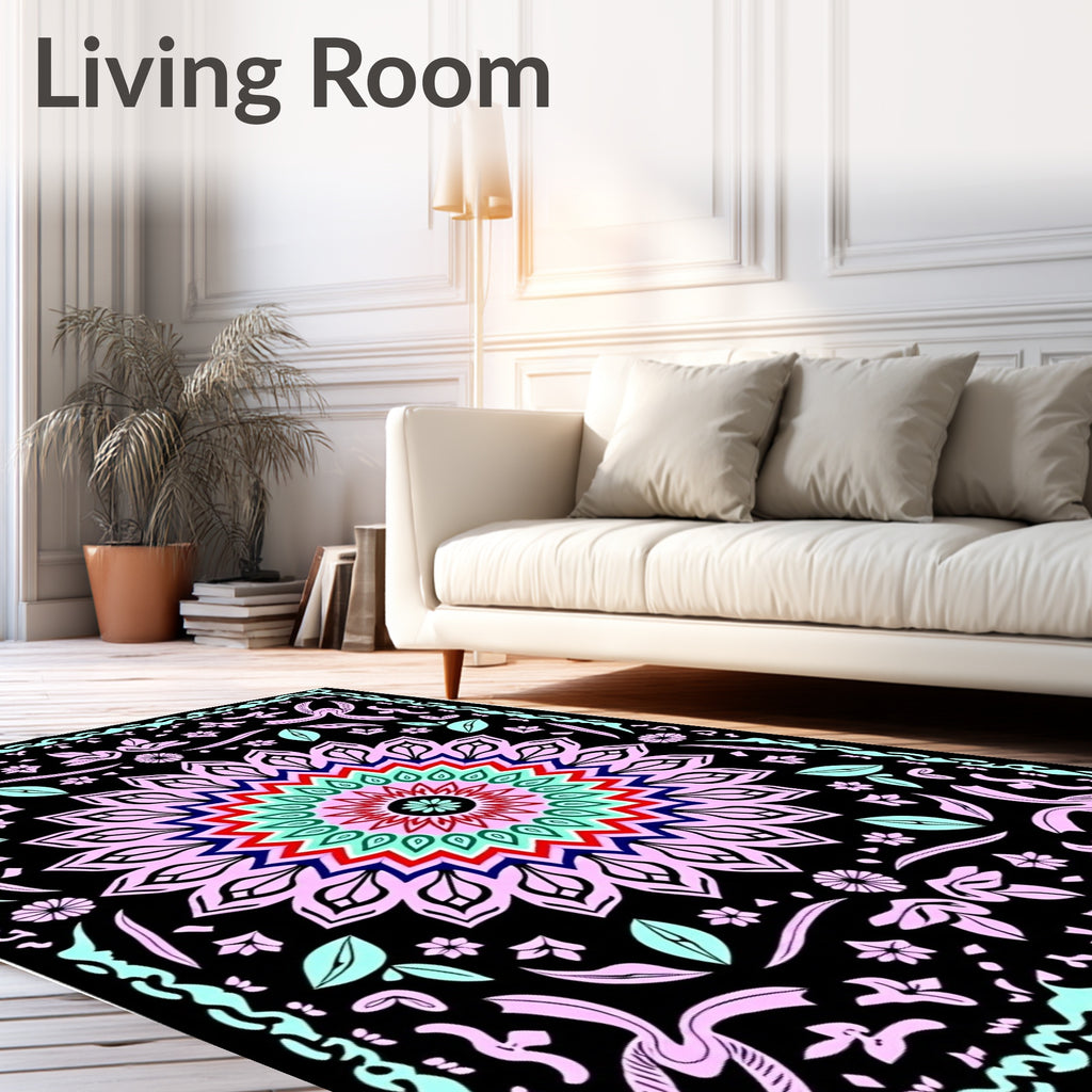 Radiant Black Mandala Flower Rug