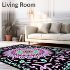 Radiant Black Mandala Flower Rug